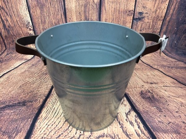 MICA Metal Garden/Plant Bucket With Faux Leather Handles