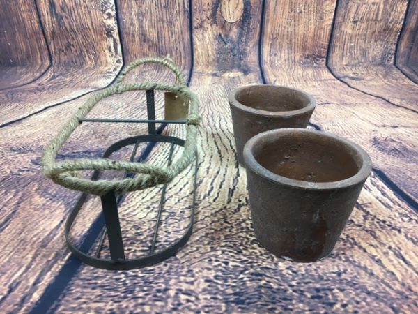 2 Flower Pots In Metal Rustic Holder With Handles